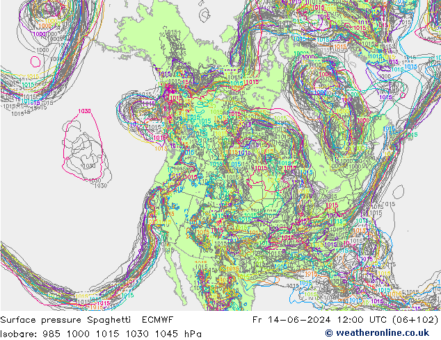Surface pressure Spaghetti ECMWF Fr 14.06.2024 12 UTC
