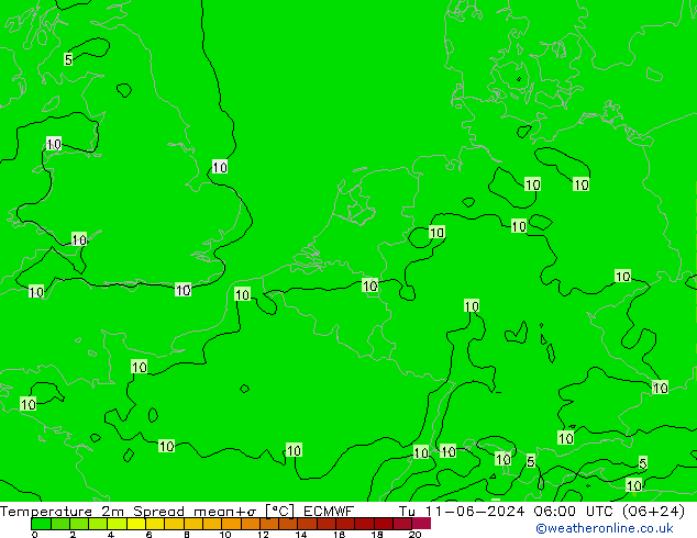 Temperature 2m Spread ECMWF Tu 11.06.2024 06 UTC
