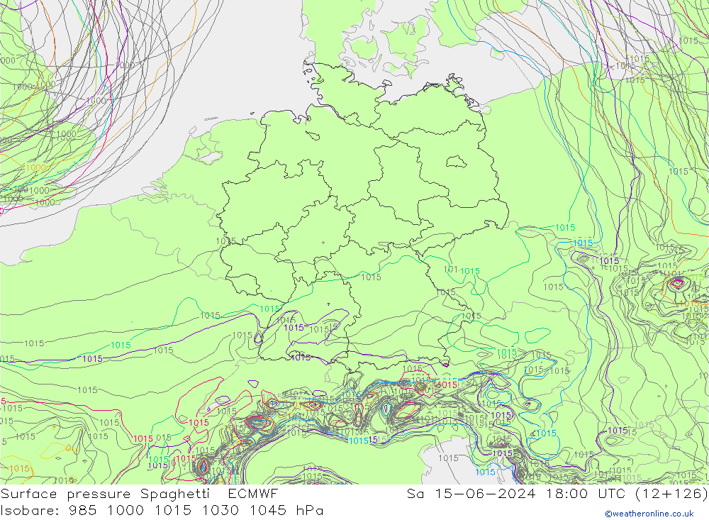 Surface pressure Spaghetti ECMWF Sa 15.06.2024 18 UTC