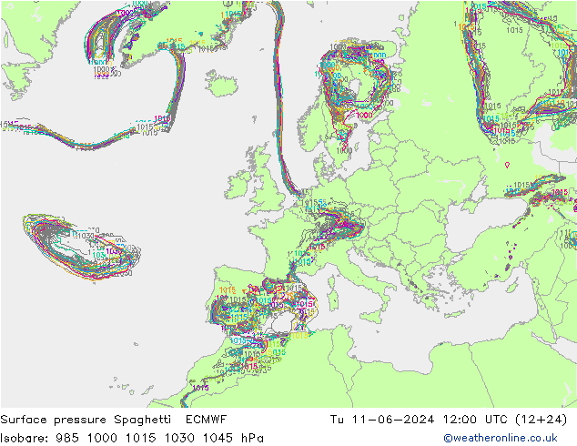Surface pressure Spaghetti ECMWF Tu 11.06.2024 12 UTC