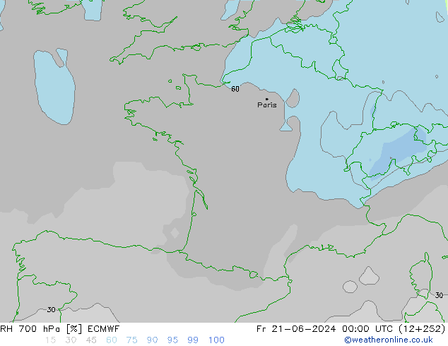 Humidité rel. 700 hPa ECMWF ven 21.06.2024 00 UTC