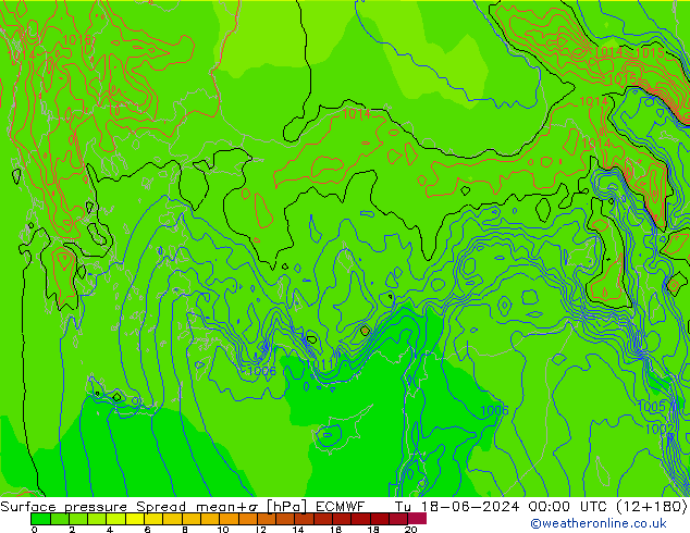 Atmosférický tlak Spread ECMWF Út 18.06.2024 00 UTC
