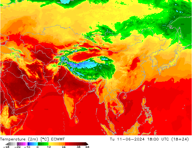 Temperature (2m) ECMWF Tu 11.06.2024 18 UTC