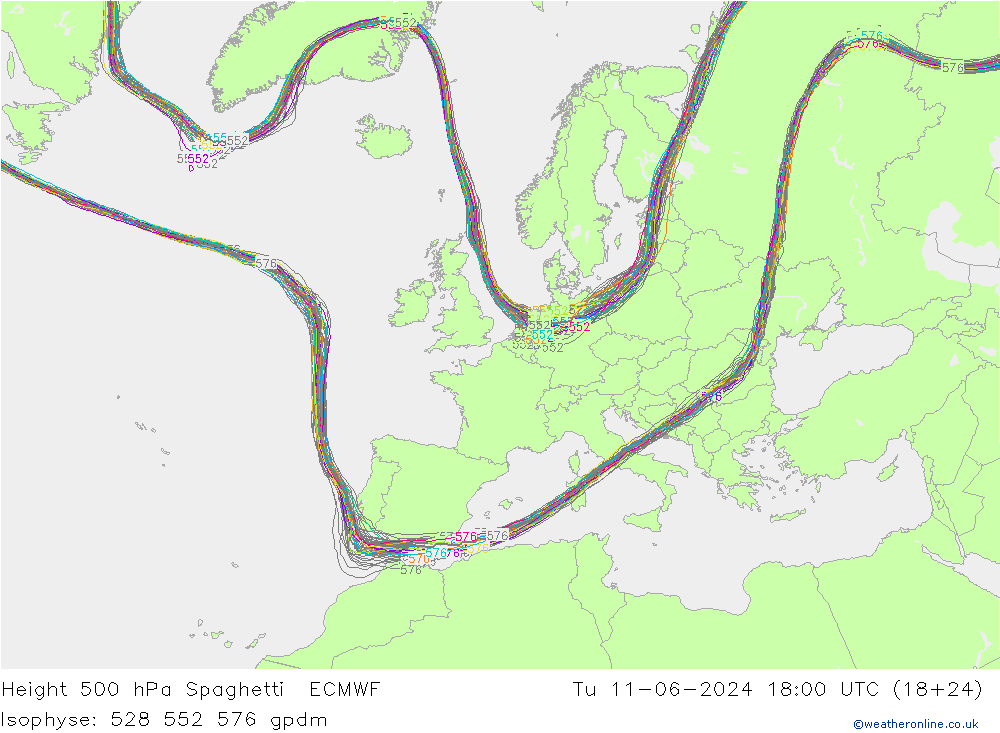Geop. 500 hPa Spaghetti ECMWF mar 11.06.2024 18 UTC