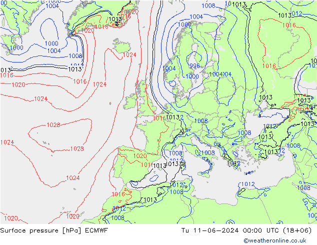 地面气压 ECMWF 星期二 11.06.2024 00 UTC
