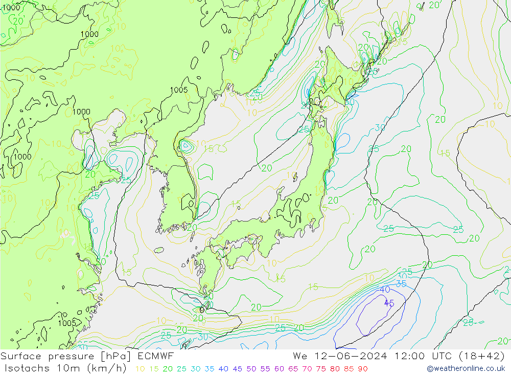 Eşrüzgar Hızları (km/sa) ECMWF Çar 12.06.2024 12 UTC