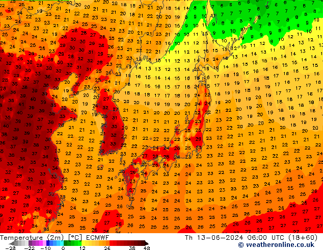 Temperature (2m) ECMWF Th 13.06.2024 06 UTC