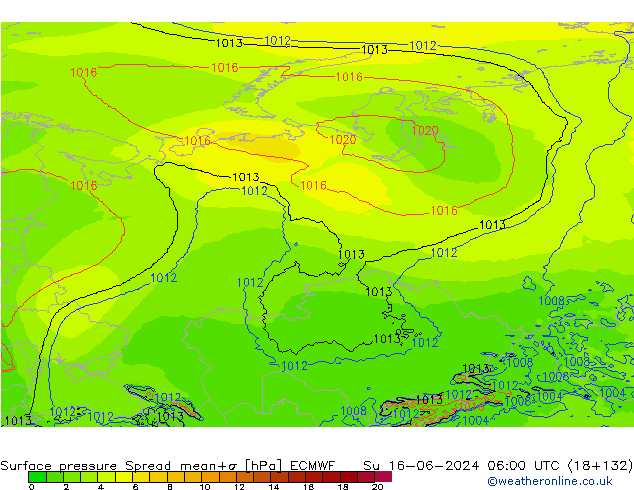Surface pressure Spread ECMWF Su 16.06.2024 06 UTC