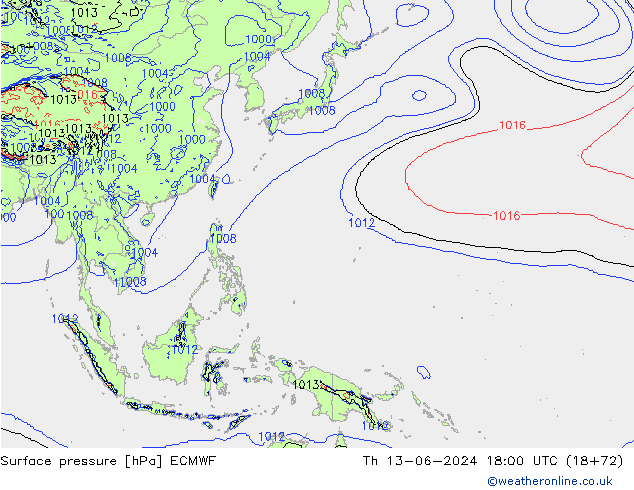 Surface pressure ECMWF Th 13.06.2024 18 UTC