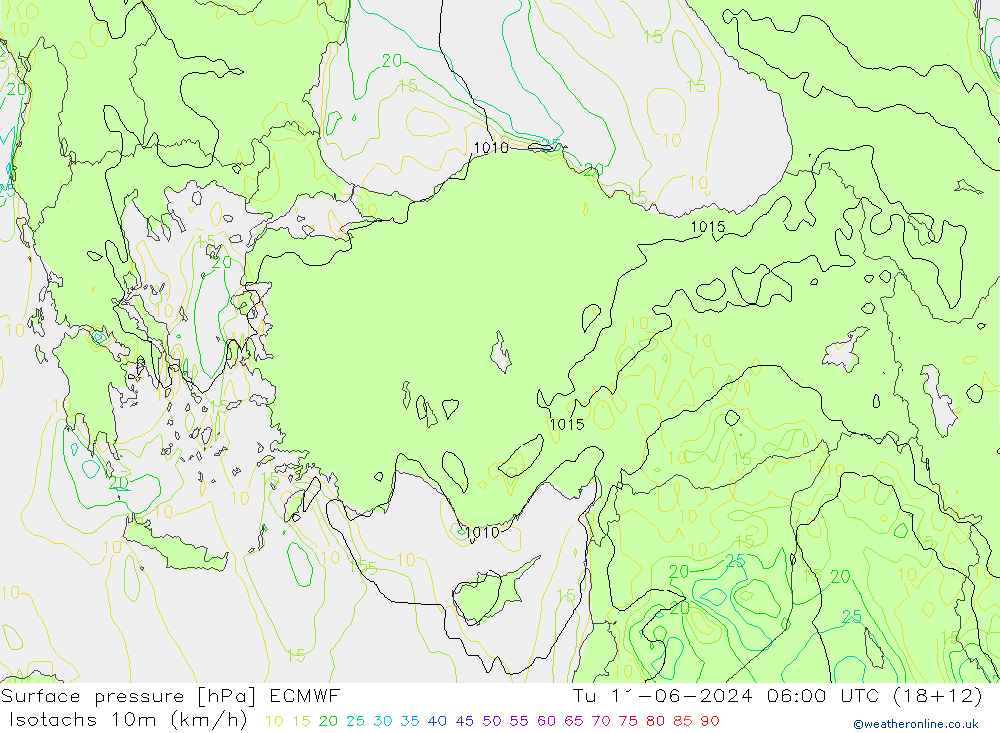 Isotachs (kph) ECMWF Tu 11.06.2024 06 UTC