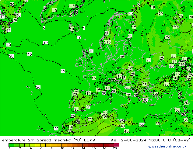 Temperaturkarte Spread ECMWF Mi 12.06.2024 18 UTC