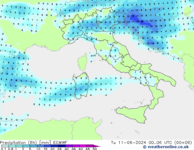 Precipitation (6h) ECMWF Tu 11.06.2024 06 UTC