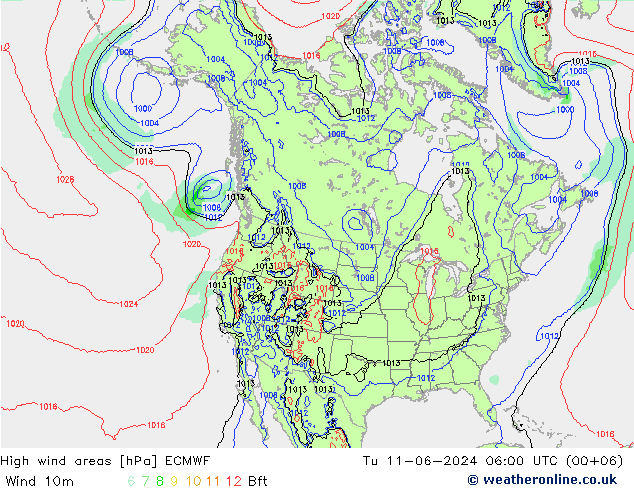 High wind areas ECMWF 星期二 11.06.2024 06 UTC