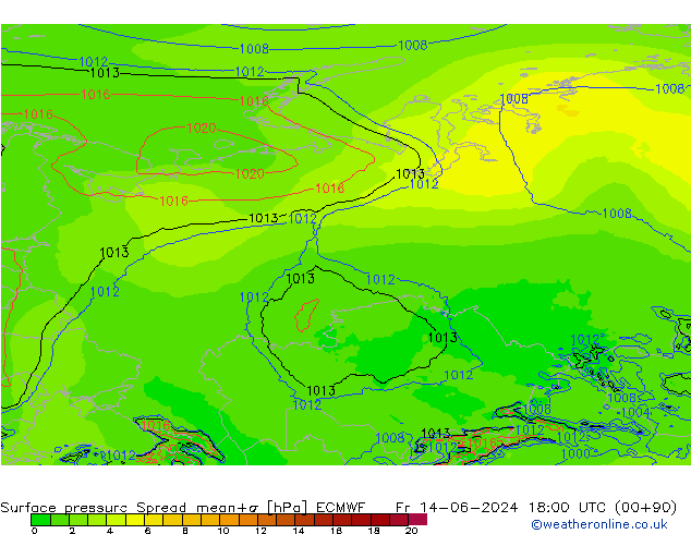 Surface pressure Spread ECMWF Fr 14.06.2024 18 UTC