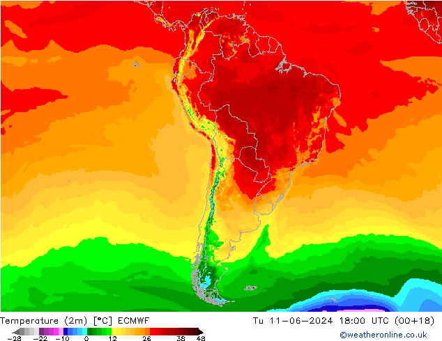 Temperature (2m) ECMWF Út 11.06.2024 18 UTC