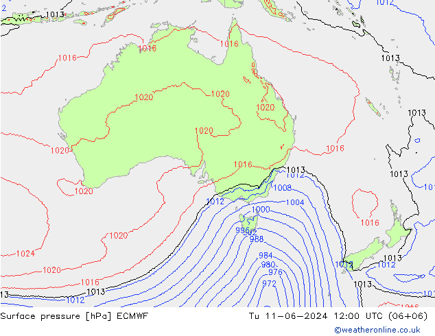 Surface pressure ECMWF Tu 11.06.2024 12 UTC