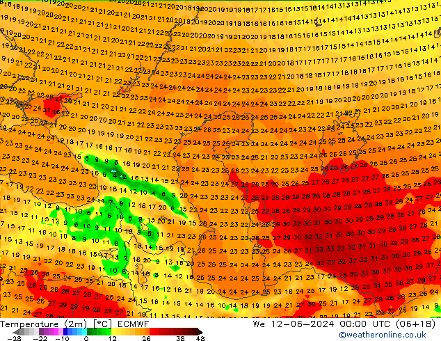 Temperatuurkaart (2m) ECMWF wo 12.06.2024 00 UTC