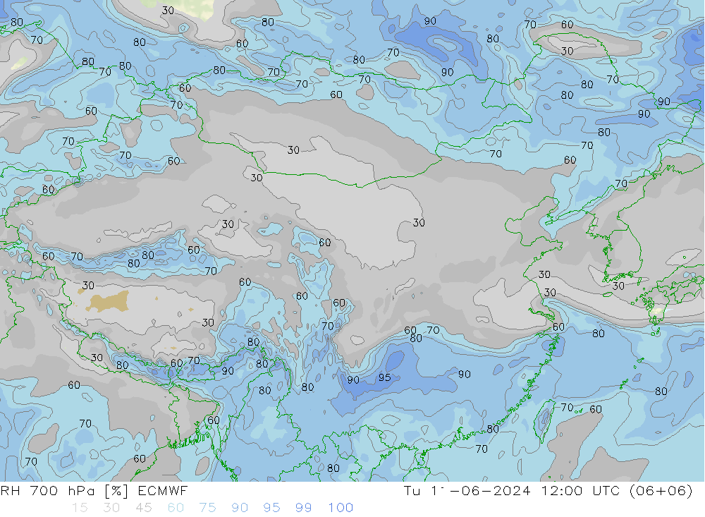 Humidité rel. 700 hPa ECMWF mar 11.06.2024 12 UTC