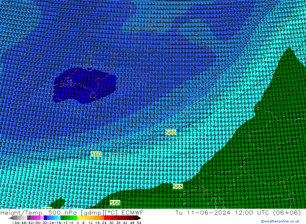 Height/Temp. 500 hPa ECMWF Ter 11.06.2024 12 UTC