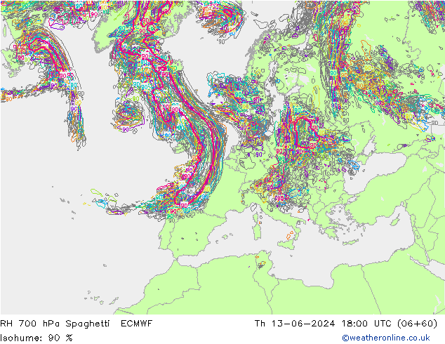 RH 700 hPa Spaghetti ECMWF Th 13.06.2024 18 UTC