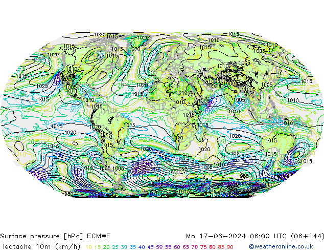 Isotachs (kph) ECMWF Mo 17.06.2024 06 UTC
