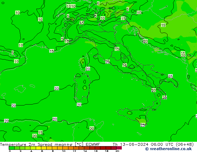 Sıcaklık Haritası 2m Spread ECMWF Per 13.06.2024 06 UTC