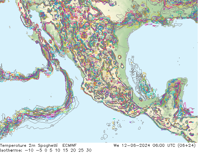 Temperatura 2m Spaghetti ECMWF Qua 12.06.2024 06 UTC