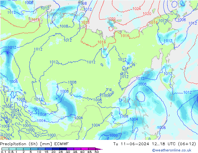 Precipitation (6h) ECMWF Út 11.06.2024 18 UTC