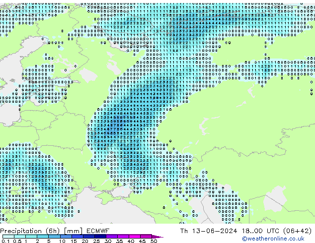 Precipitation (6h) ECMWF Th 13.06.2024 00 UTC