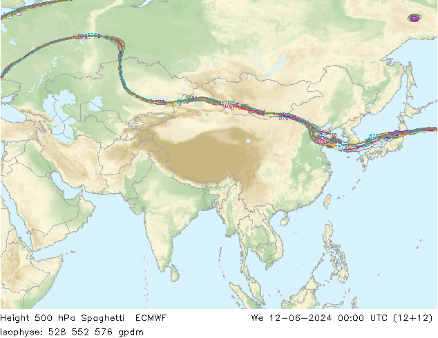 Height 500 hPa Spaghetti ECMWF We 12.06.2024 00 UTC