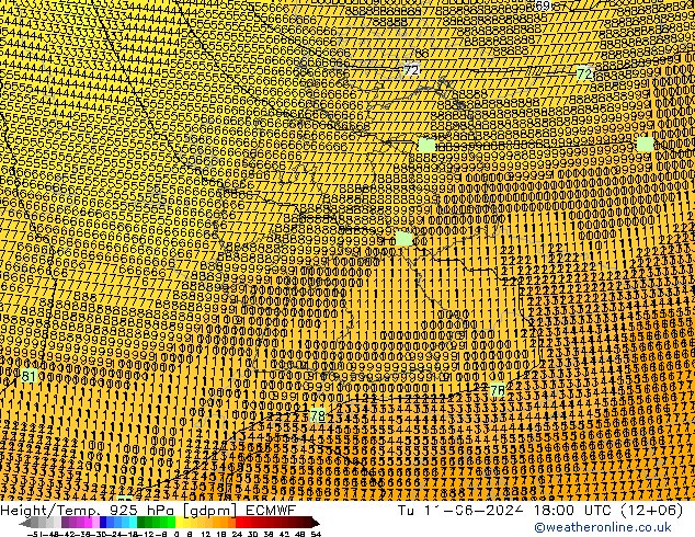 Height/Temp. 925 гПа ECMWF вт 11.06.2024 18 UTC