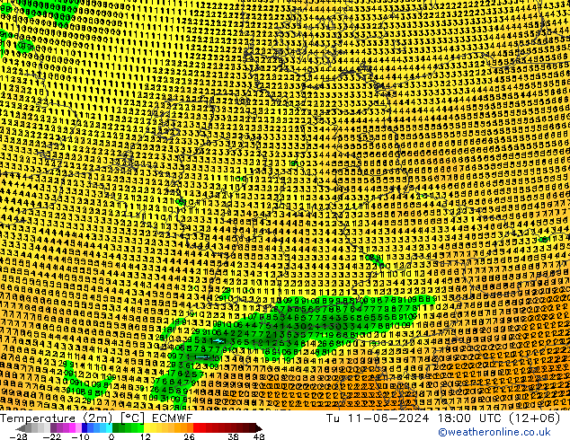 Temperature (2m) ECMWF Tu 11.06.2024 18 UTC