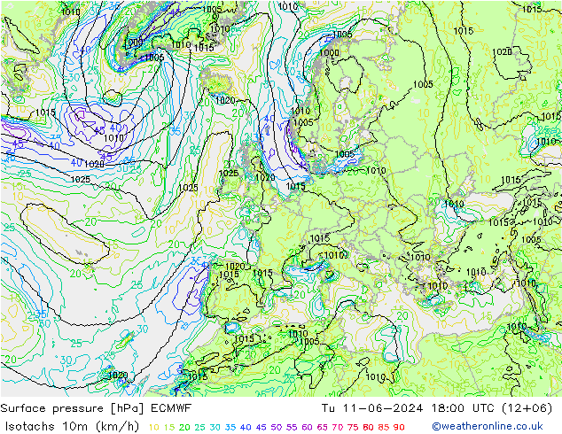 10米等风速线 (kph) ECMWF 星期二 11.06.2024 18 UTC