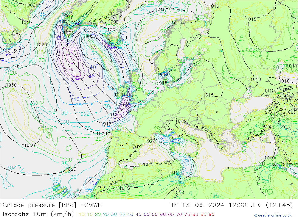 Isotachs (kph) ECMWF Th 13.06.2024 12 UTC