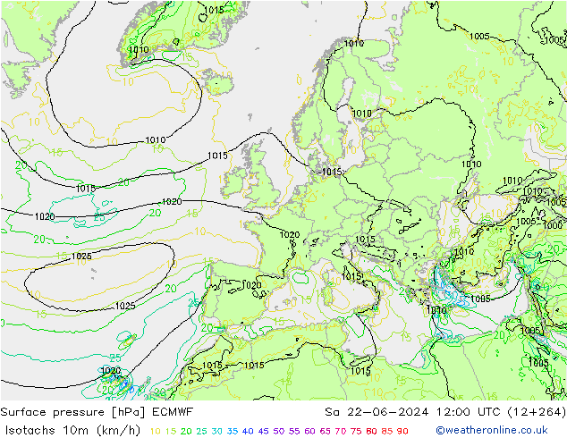 Isotaca (kph) ECMWF sáb 22.06.2024 12 UTC