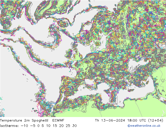 Temperatura 2m Spaghetti ECMWF Qui 13.06.2024 18 UTC