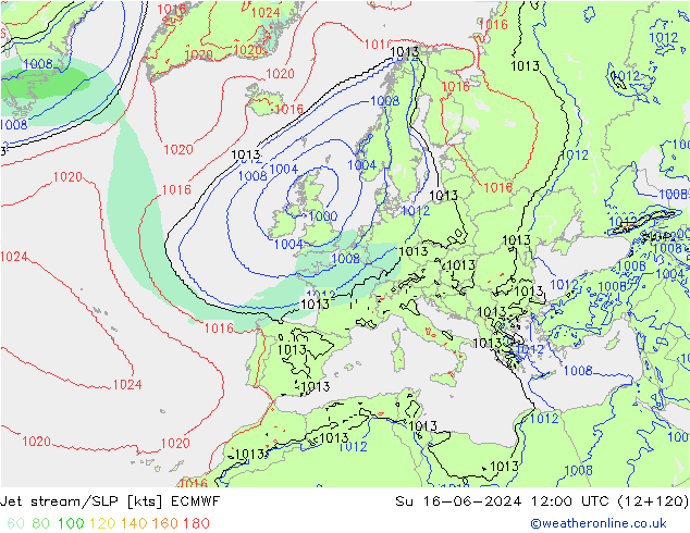 Straalstroom/SLP ECMWF zo 16.06.2024 12 UTC