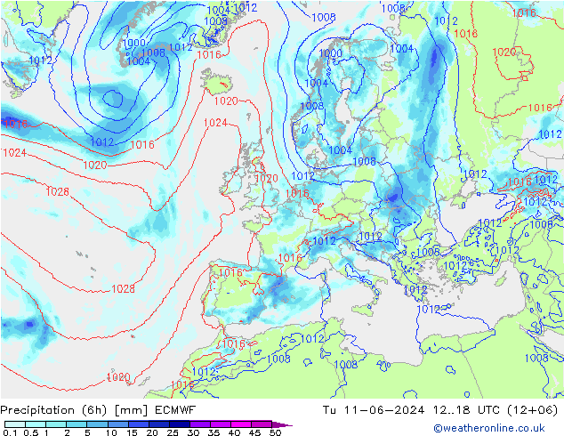 осадки (6h) ECMWF вт 11.06.2024 18 UTC