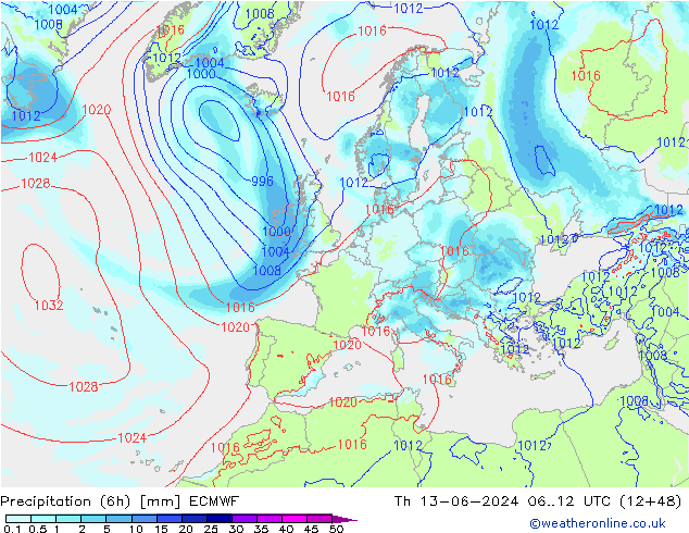 Nied. akkumuliert (6Std) ECMWF Do 13.06.2024 12 UTC