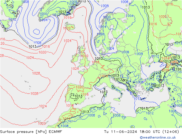 Presión superficial ECMWF mar 11.06.2024 18 UTC