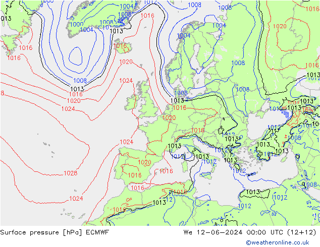 Atmosférický tlak ECMWF St 12.06.2024 00 UTC