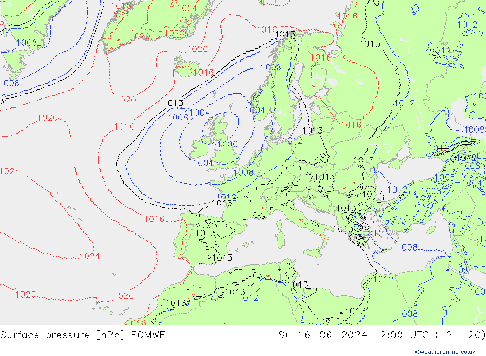 Atmosférický tlak ECMWF Ne 16.06.2024 12 UTC