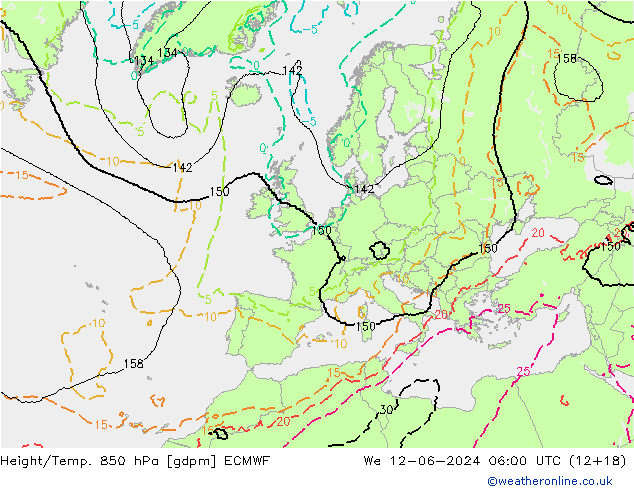 Geop./Temp. 850 hPa ECMWF mié 12.06.2024 06 UTC