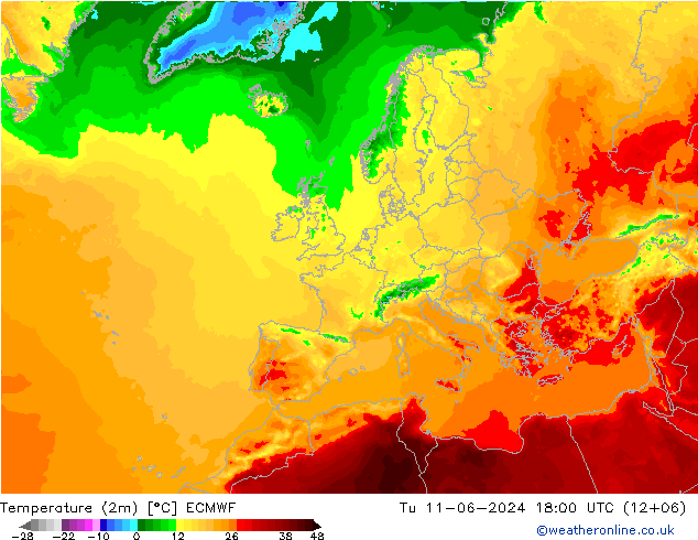 Sıcaklık Haritası (2m) ECMWF Sa 11.06.2024 18 UTC