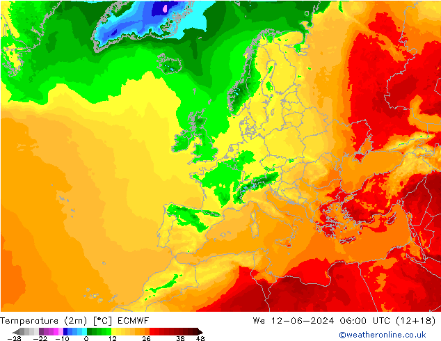 mapa temperatury (2m) ECMWF śro. 12.06.2024 06 UTC