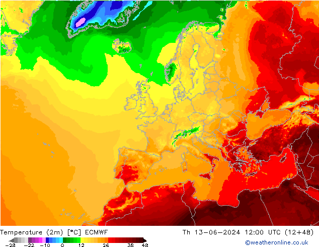 Temperaturkarte (2m) ECMWF Do 13.06.2024 12 UTC
