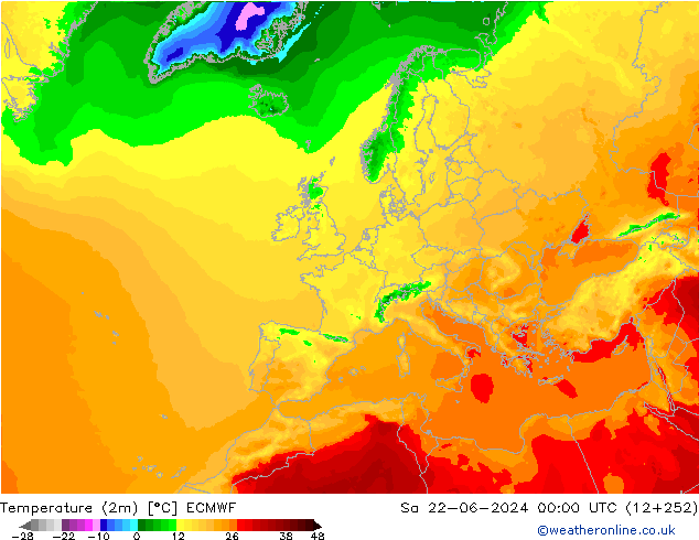 Temperature (2m) ECMWF Sa 22.06.2024 00 UTC