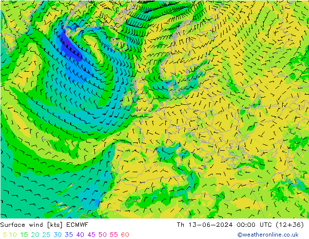 Surface wind ECMWF Čt 13.06.2024 00 UTC