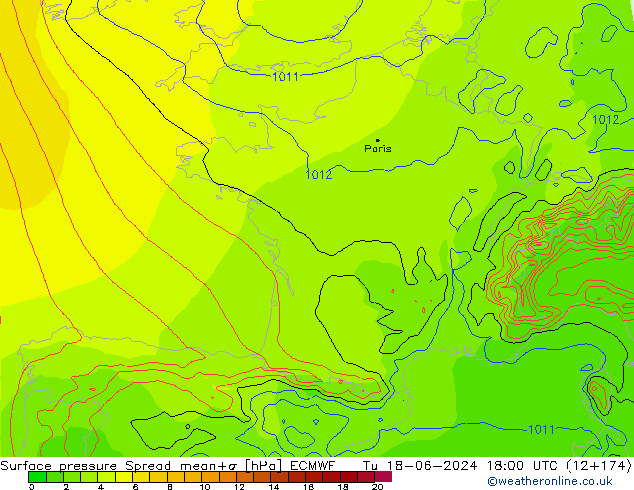 Bodendruck Spread ECMWF Di 18.06.2024 18 UTC