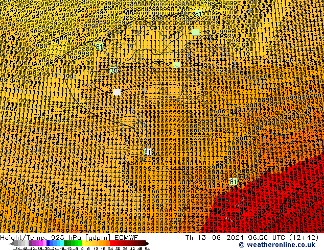 Height/Temp. 925 hPa ECMWF gio 13.06.2024 06 UTC